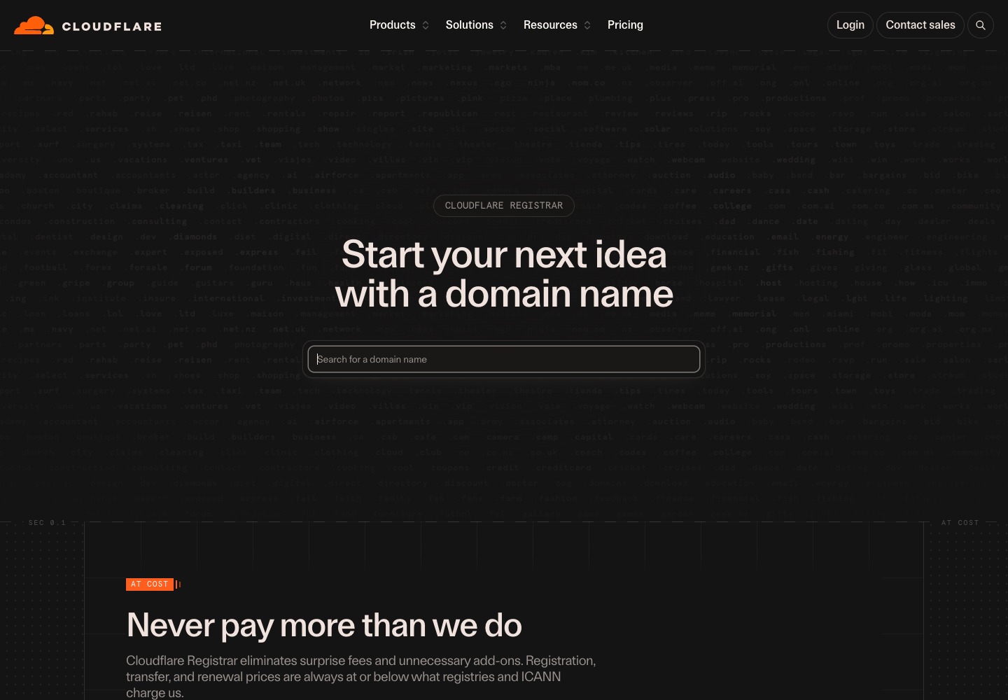 Cloudflare Registrar interface showing its at-cost pricing message