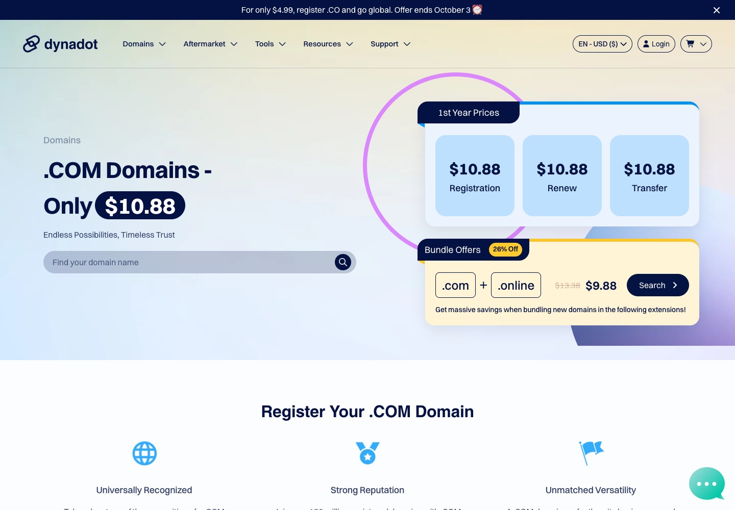 Dynadot .com pricing page showing registration, renewal, and transfer prices