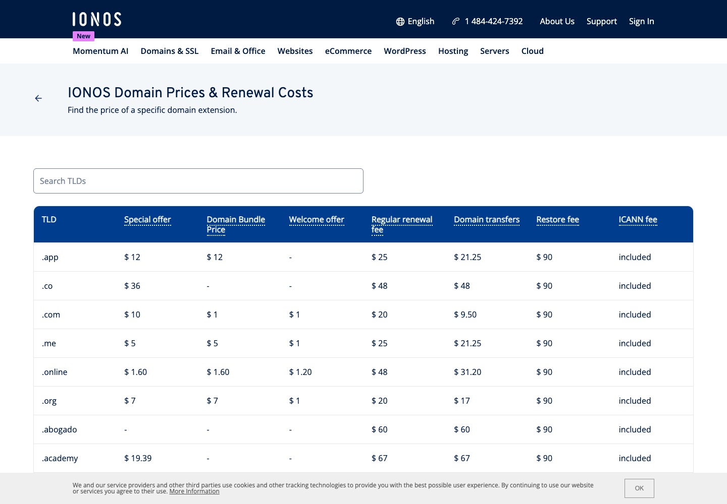 IONOS domain price table showing the .com renewal and restore fee columns