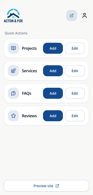 Simplified Flax quick actions interface for Acton and Fox