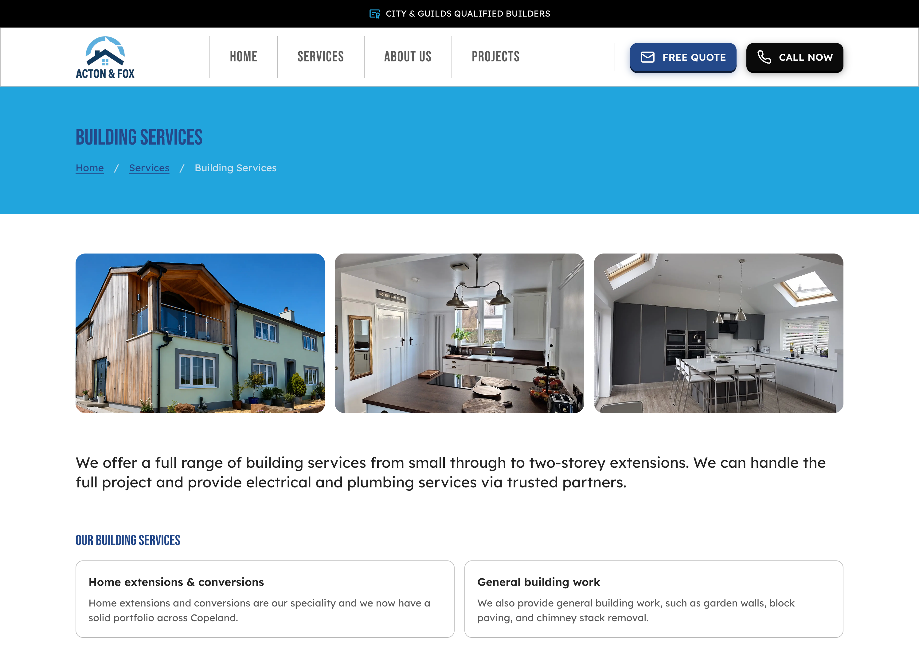 Acton and Fox building services page with project images and service cards